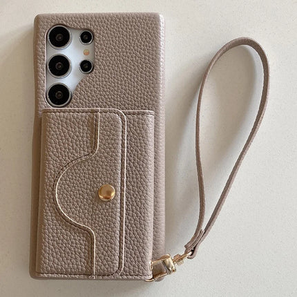 For Samsung Galaxy S23 Ultra Case Mirror Design PU Leather Back Cover with Card Slots, Wrist Strap