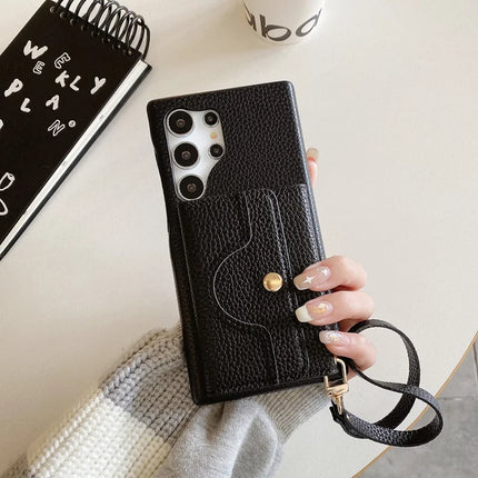 For Samsung Galaxy S23 Ultra Case Mirror Design PU Leather Back Cover with Card Slots, Wrist Strap - Black