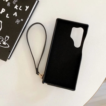 For Samsung Galaxy S23 Ultra Case Mirror Design PU Leather Back Cover with Card Slots, Wrist Strap
