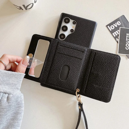 For Samsung Galaxy S23 Ultra Case Mirror Design PU Leather Back Cover with Card Slots, Wrist Strap