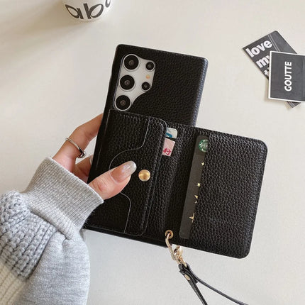 For Samsung Galaxy S23 Ultra Case Mirror Design PU Leather Back Cover with Card Slots, Wrist Strap