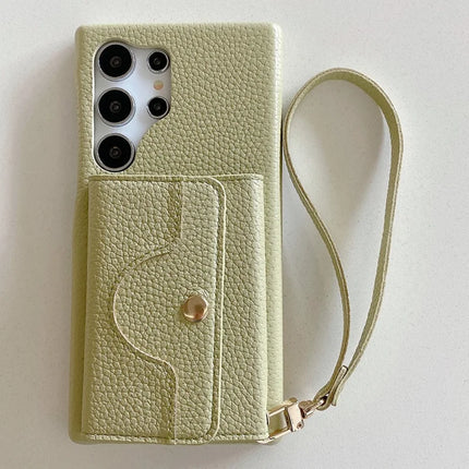 For Samsung Galaxy S23 Ultra Case Mirror Design PU Leather Back Cover with Card Slots, Wrist Strap