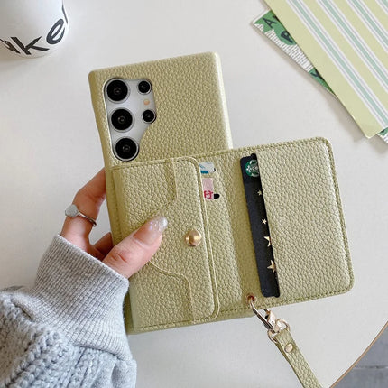 For Samsung Galaxy S23 Ultra Case Mirror Design PU Leather Back Cover with Card Slots, Wrist Strap