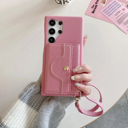 For Samsung Galaxy S23 Ultra Case Mirror Design PU Leather Back Cover with Card Slots, Wrist Strap - Pink