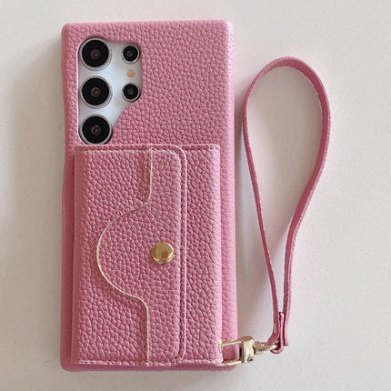 For Samsung Galaxy S23 Ultra Case Mirror Design PU Leather Back Cover with Card Slots, Wrist Strap