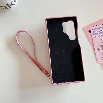 For Samsung Galaxy S23 Ultra Case Mirror Design PU Leather Back Cover with Card Slots, Wrist Strap