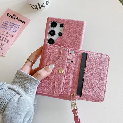 For Samsung Galaxy S23 Ultra Case Mirror Design PU Leather Back Cover with Card Slots, Wrist Strap