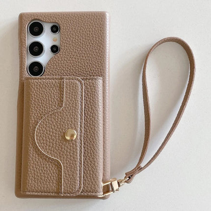 For Samsung Galaxy S23 Ultra Case Mirror Design PU Leather Back Cover with Card Slots, Wrist Strap