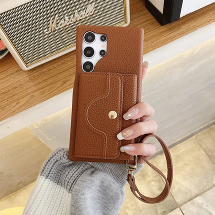 For Samsung Galaxy S23 Ultra Case Mirror Design PU Leather Back Cover with Card Slots, Wrist Strap - Dark Brown