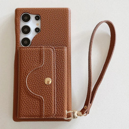 For Samsung Galaxy S23 Ultra Case Mirror Design PU Leather Back Cover with Card Slots, Wrist Strap
