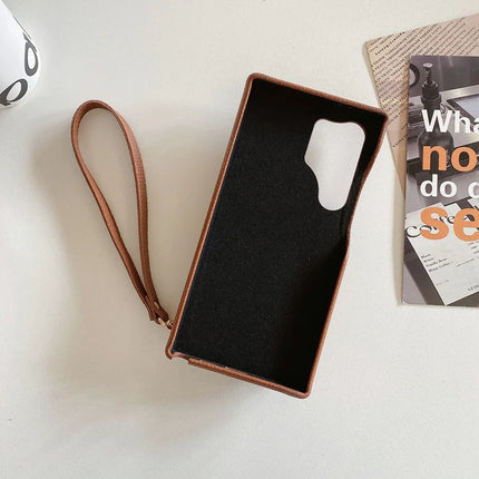 For Samsung Galaxy S23 Ultra Case Mirror Design PU Leather Back Cover with Card Slots, Wrist Strap