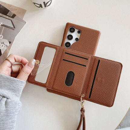 For Samsung Galaxy S23 Ultra Case Mirror Design PU Leather Back Cover with Card Slots, Wrist Strap
