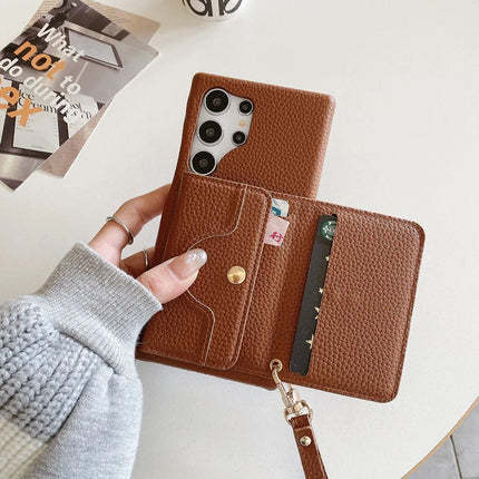 For Samsung Galaxy S23 Ultra Case Mirror Design PU Leather Back Cover with Card Slots, Wrist Strap