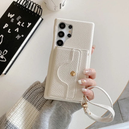 For Samsung Galaxy S23 Ultra Case Mirror Design PU Leather Back Cover with Card Slots, Wrist Strap - White