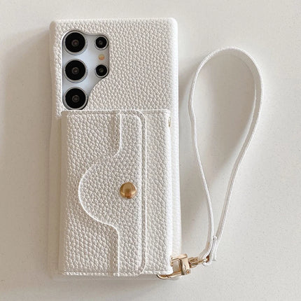 For Samsung Galaxy S23 Ultra Case Mirror Design PU Leather Back Cover with Card Slots, Wrist Strap