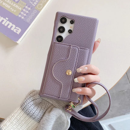 For Samsung Galaxy S23 Ultra Case Mirror Design PU Leather Back Cover with Card Slots, Wrist Strap - Purple