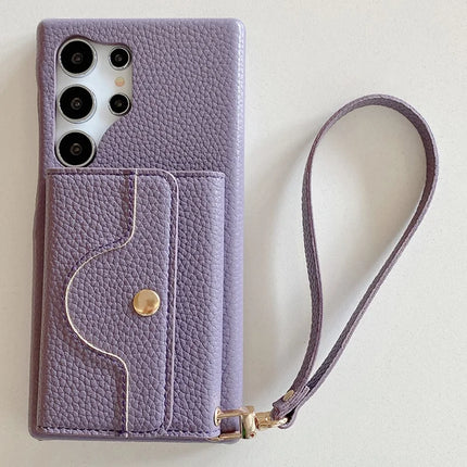 For Samsung Galaxy S23 Ultra Case Mirror Design PU Leather Back Cover with Card Slots, Wrist Strap