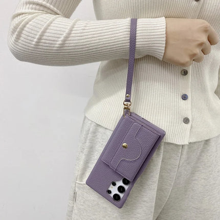 For Samsung Galaxy S23 Ultra Case Mirror Design PU Leather Back Cover with Card Slots, Wrist Strap