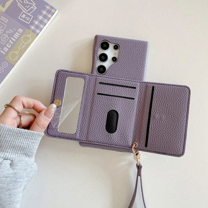 For Samsung Galaxy S23 Ultra Case Mirror Design PU Leather Back Cover with Card Slots, Wrist Strap