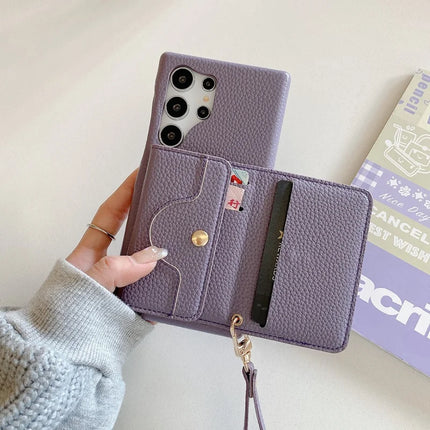 For Samsung Galaxy S23 Ultra Case Mirror Design PU Leather Back Cover with Card Slots, Wrist Strap