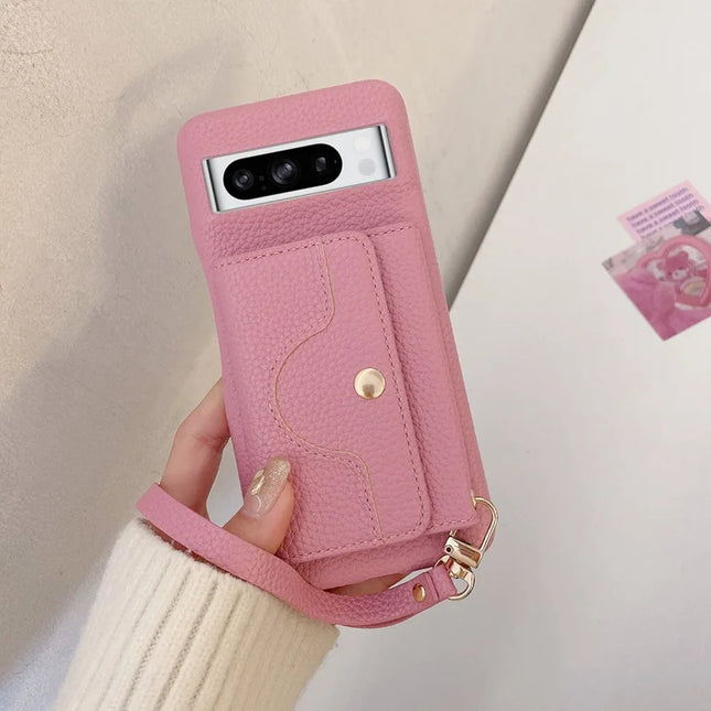 For Google Pixel 8 Pro Case Mirror Design PU Leather Back Cover with Card Slots, Wrist Strap - Pink