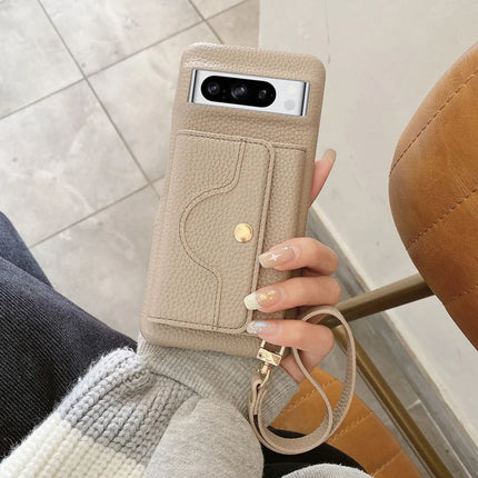 For Google Pixel 8 Pro Case Mirror Design PU Leather Back Cover with Card Slots, Wrist Strap - Grey