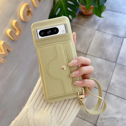 For Google Pixel 8 Pro Case Mirror Design PU Leather Back Cover with Card Slots, Wrist Strap - Green