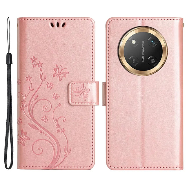 For Honor Magic7 Lite 5G / X9c 5G / X60 Pro 5G Case PU Leather Phone Wallet Cover with Strap - Rose Gold