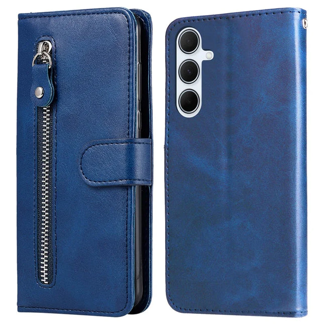 For Samsung Galaxy A56 5G / A36 5G Case Zipper Wallet Calf Texture PU Leather Phone Cover - Blue