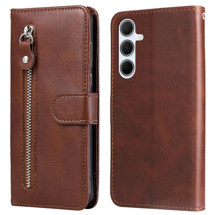 For Samsung Galaxy A56 5G / A36 5G Case Zipper Wallet Calf Texture PU Leather Phone Cover - Brown