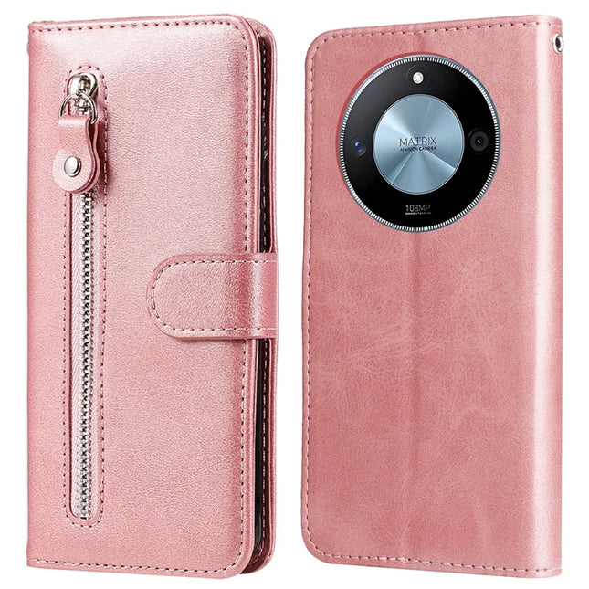 For Honor X60 5G Case Zipper Wallet Calf Texture PU Leather Phone Cover - Pink