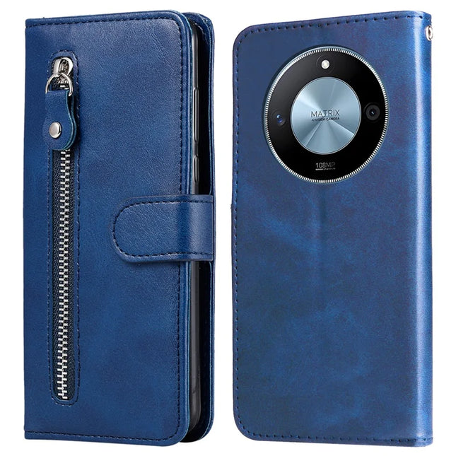 For Honor X60 5G Case Zipper Wallet Calf Texture PU Leather Phone Cover - Blue