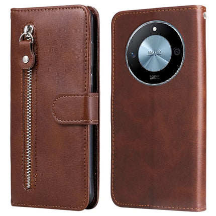 For Honor X60 5G Case Zipper Wallet Calf Texture PU Leather Phone Cover - Brown
