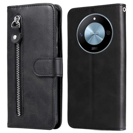 For Honor X60 5G Case Zipper Wallet Calf Texture PU Leather Phone Cover - Black