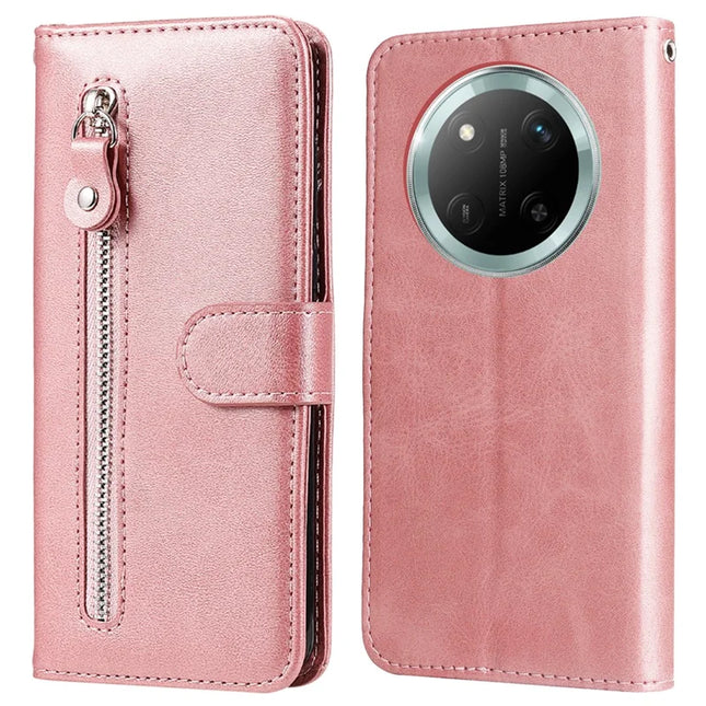 Zipper Wallet Case for Honor Magic7 Lite 5G / X9c 5G / X60 Pro 5G Calf Texture Leather Phone Cover - Pink