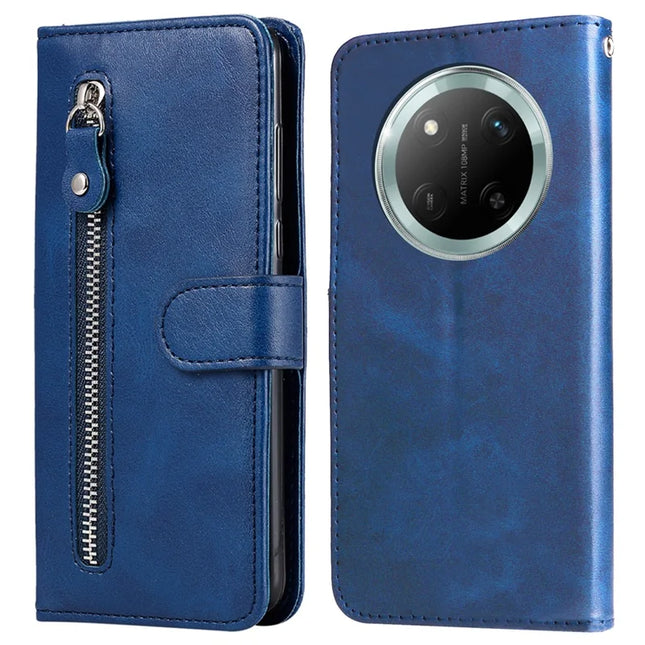 Zipper Wallet Case for Honor Magic7 Lite 5G / X9c 5G / X60 Pro 5G Calf Texture Leather Phone Cover - Blue
