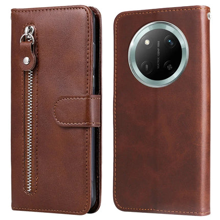 Zipper Wallet Case for Honor Magic7 Lite 5G / X9c 5G / X60 Pro 5G Calf Texture Leather Phone Cover - Brown