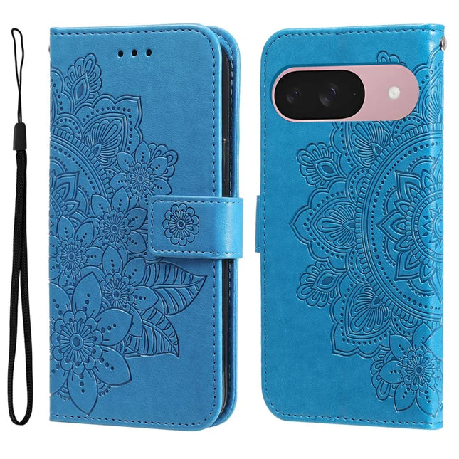 For Google Pixel 9a Case PU Leather Wallet Floral Phone Cover Stand View - Blue