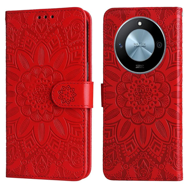 For Honor X60 5G Case Sunflower Imprint Leather Wallet Phone Cover - Red