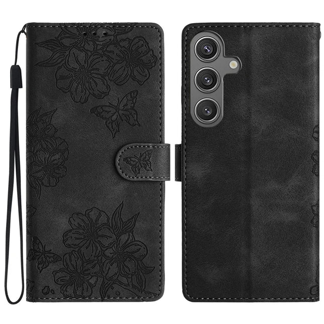 For Samsung Galaxy A36 5G Case Butterfly Flower Pattern Skin-Touch Leather Phone Cover - Black
