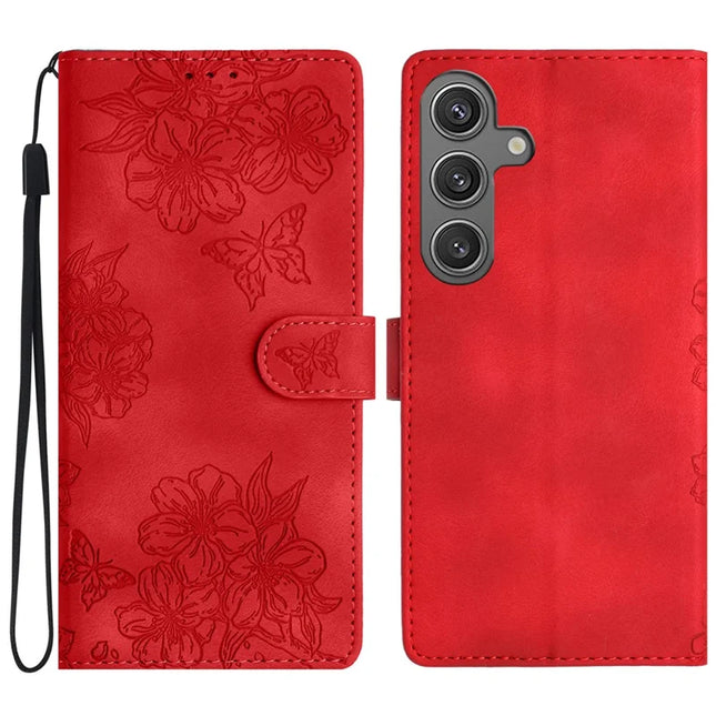 For Samsung Galaxy A36 5G Case Butterfly Flower Pattern Skin-Touch Leather Phone Cover - Red