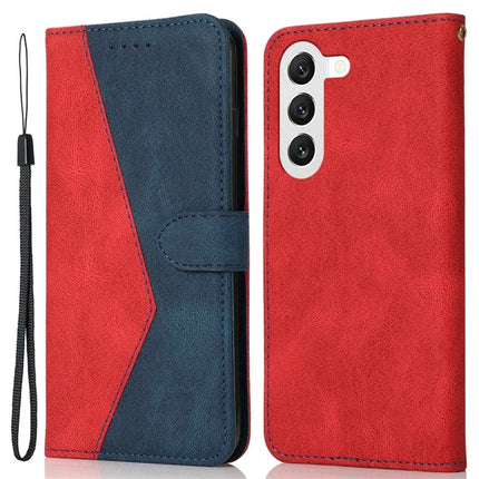 For Samsung Galaxy A26 5G Cover Color Splicing Wallet Stand Leather Phone Case with Wrist Strap - Red Blue
