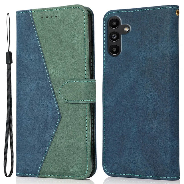 For Samsung Galaxy A36 5G Cover Color Splicing Wallet Stand Leather Phone Case with Wrist Strap - Blue Green
