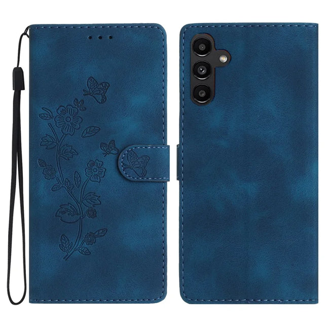 For Samsung Galaxy A36 5G Case Leather Imprinted Flower Phone Cover Wallet with Wrist Strap - Blue