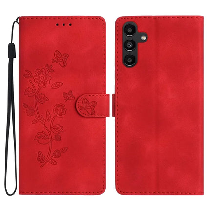 For Samsung Galaxy A36 5G Case Leather Imprinted Flower Phone Cover Wallet with Wrist Strap - Red