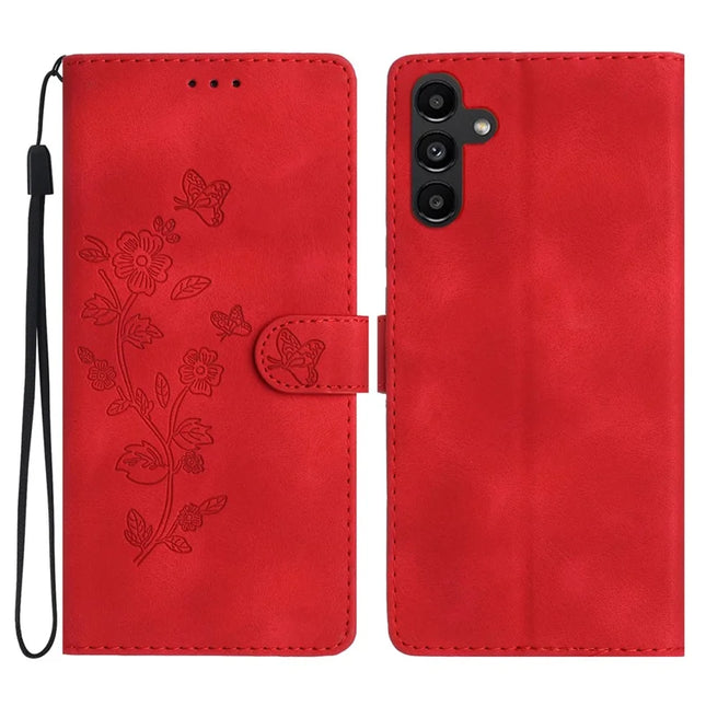 For Samsung Galaxy A36 5G Case Leather Imprinted Flower Phone Cover Wallet with Wrist Strap - Red