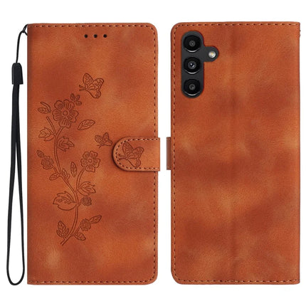 For Samsung Galaxy A36 5G Case Leather Imprinted Flower Phone Cover Wallet with Wrist Strap - Brown