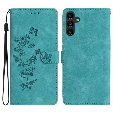 For Samsung Galaxy A36 5G Case Leather Imprinted Flower Phone Cover Wallet with Wrist Strap - Sky Blue