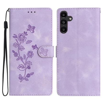 For Samsung Galaxy A36 5G Case Leather Imprinted Flower Phone Cover Wallet with Wrist Strap - Purple