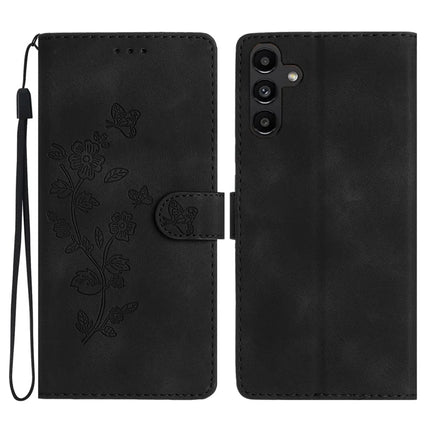 For Samsung Galaxy A36 5G Case Leather Imprinted Flower Phone Cover Wallet with Wrist Strap - Black